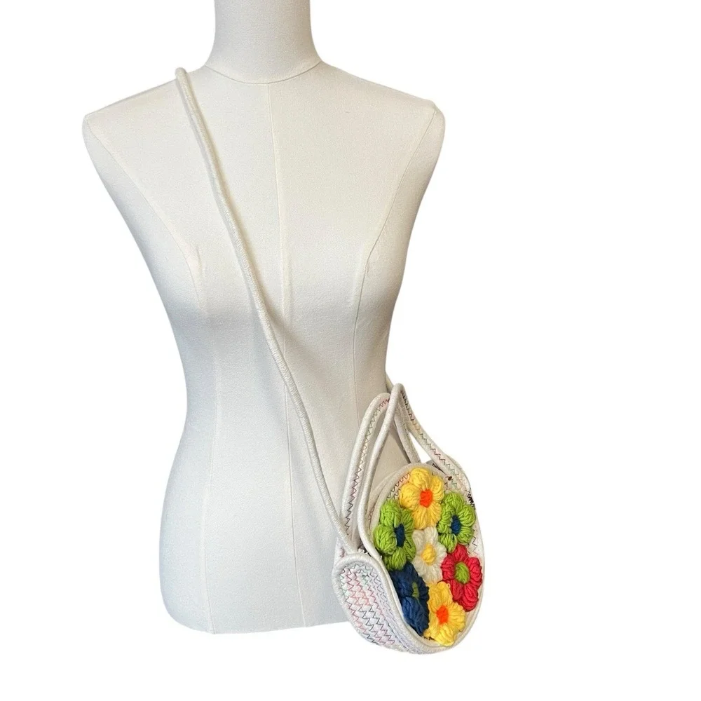 Crochet Floral Crossbody Bag Colorful Flower Boho Cottagecore Woven Open